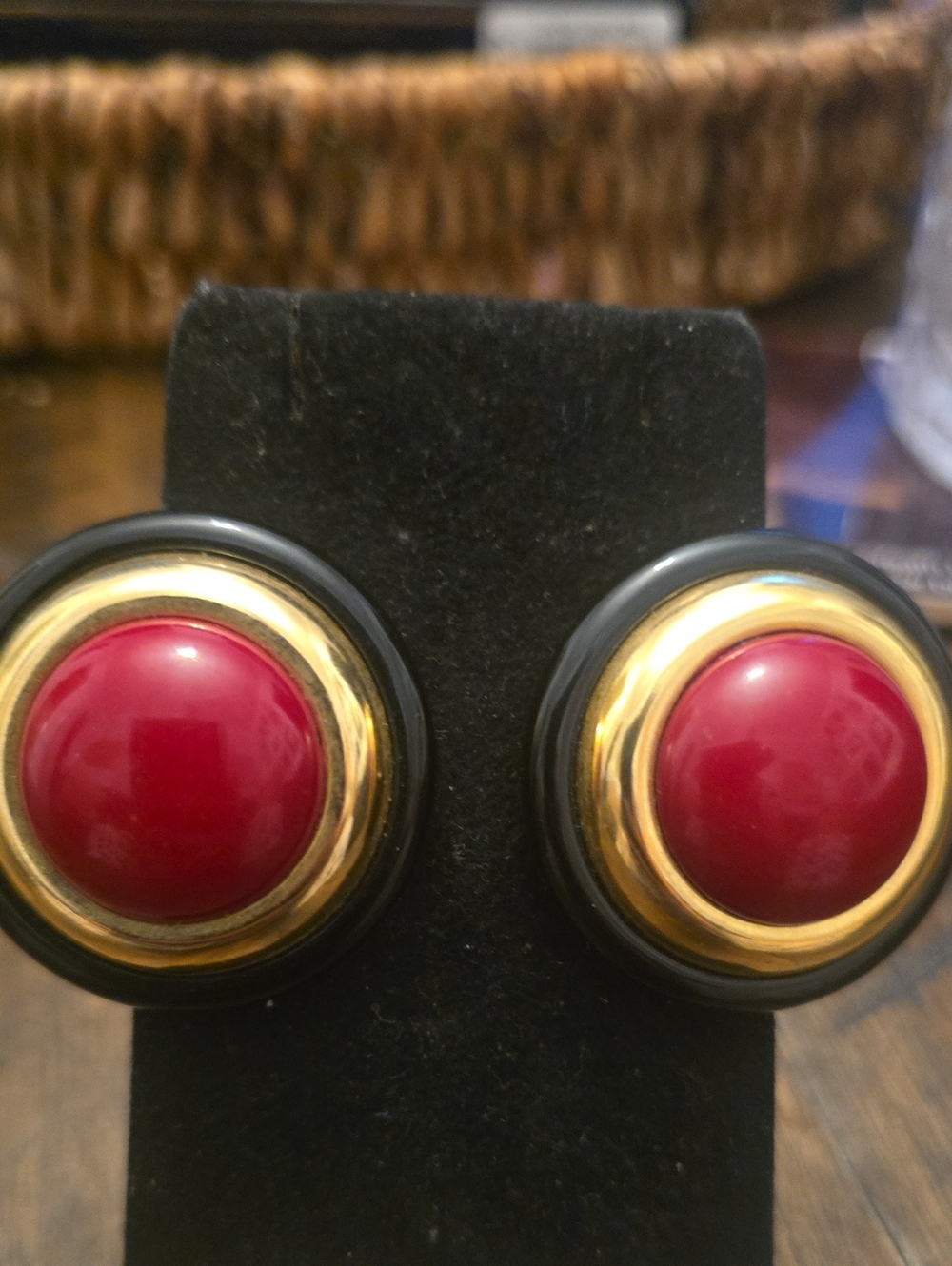 Made In Italy Gold and Black Clip-On Earrings with Red Cabochon